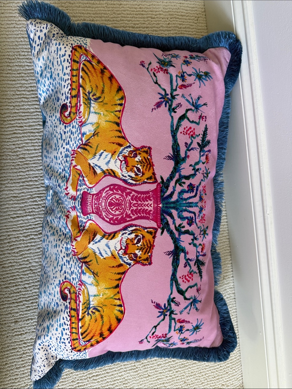 Decorative Pink Tiger Motif Throw Pillow with Blue Fringe
